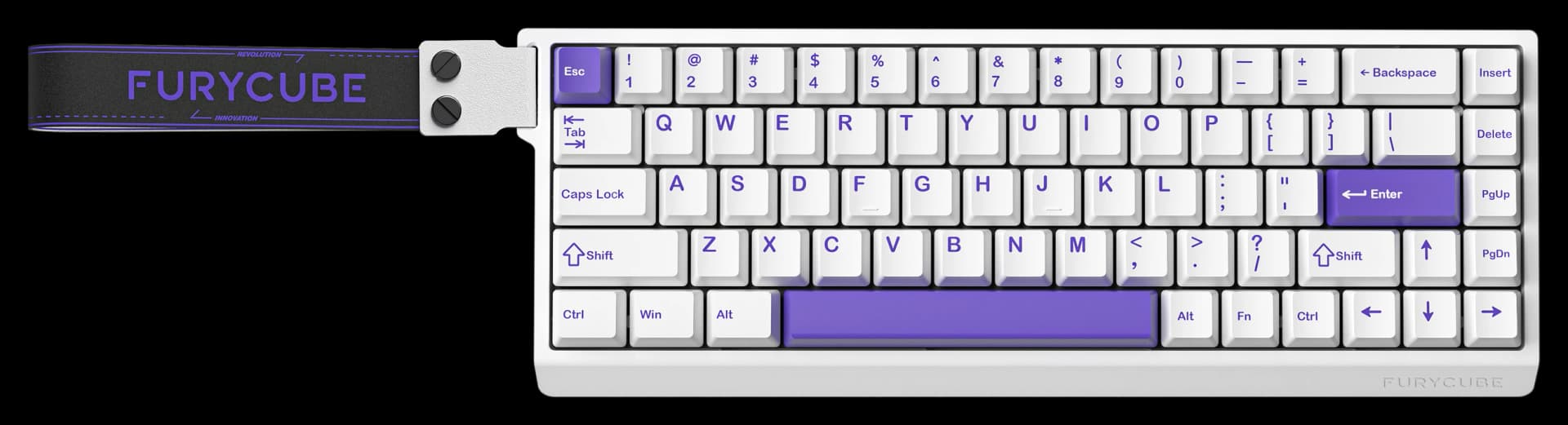 Teclado mecánico Furycube M68 HE 65% color blanco y morado, switch Magnetic — vista frontal blanca con correa incluida
