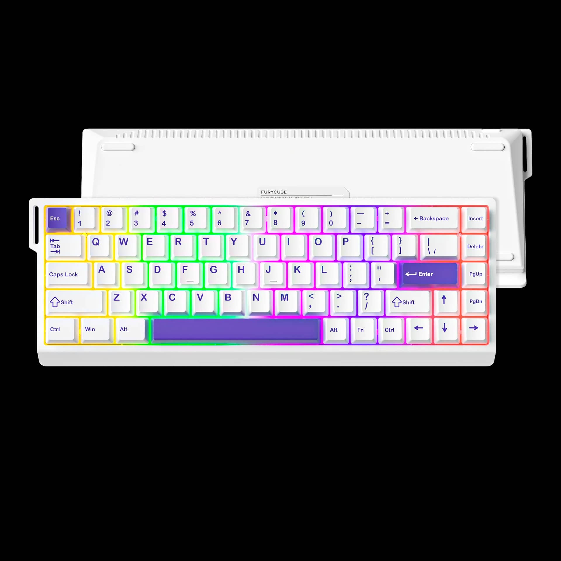 Teclado mecánico Furycube M68 HE 65% color blanco y morado, switch Magnetic — vista frontal blanca con retroiluminación RGB y vista posterior