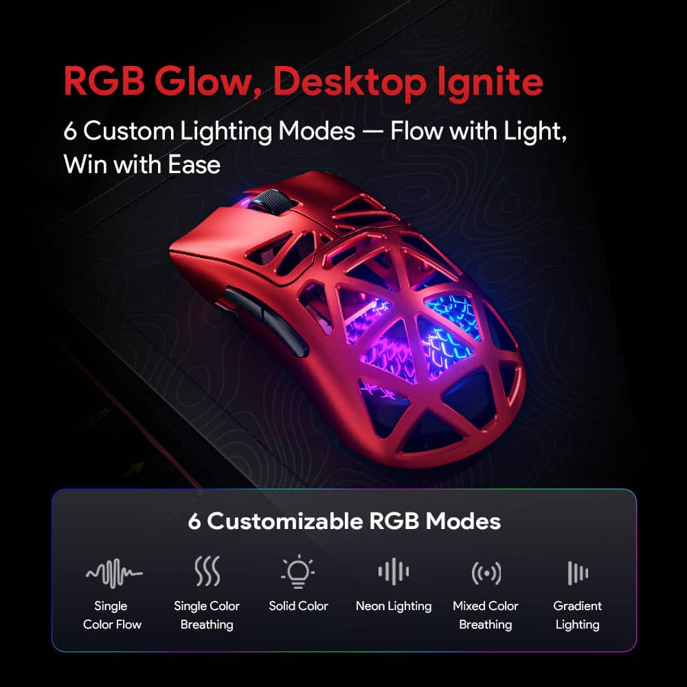 Mouse Gamer Inalámbrico Furycube G11 Rojo 65g PAW3311 12000 DPI Tri-Mode RGB