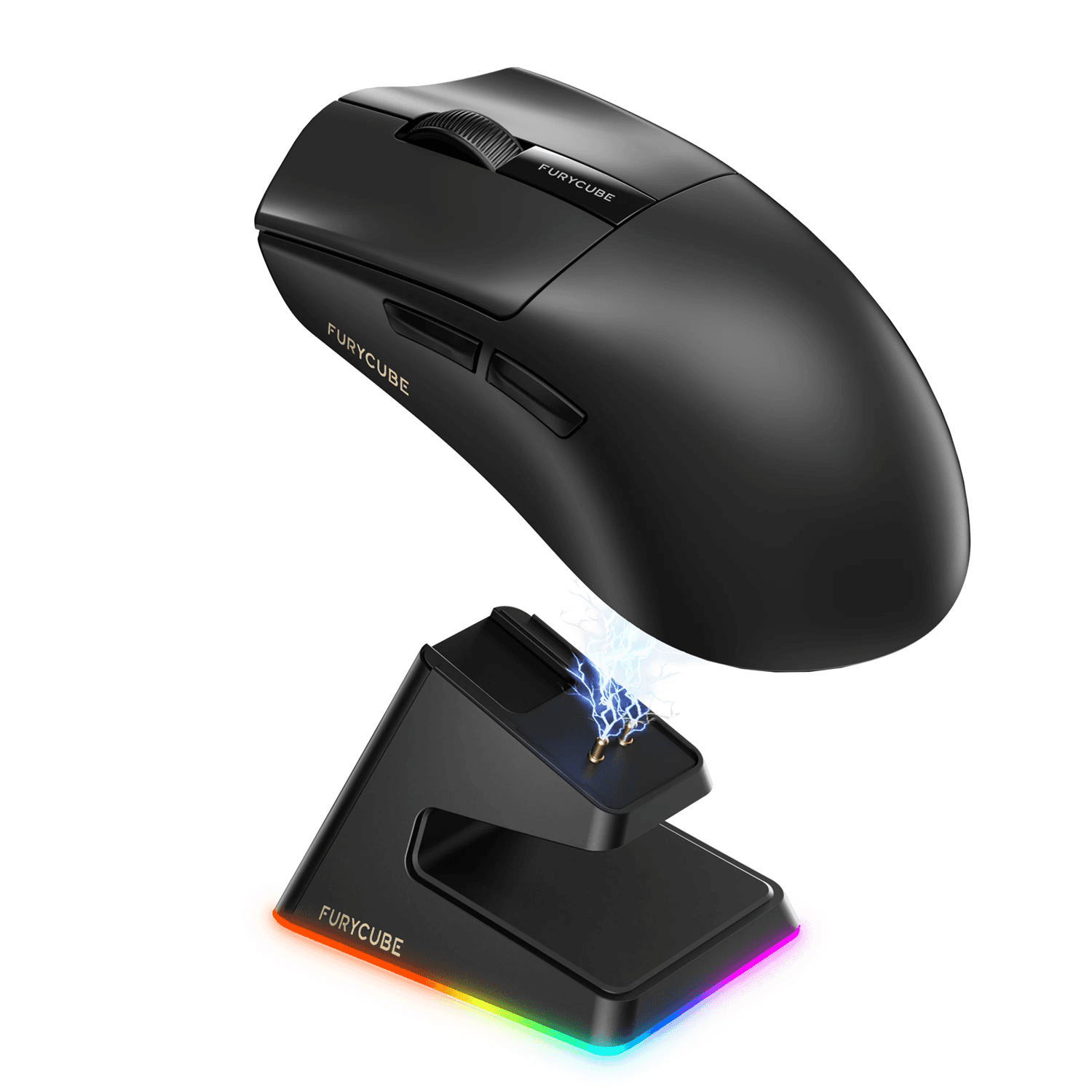 Mouse Furycube G9 Pro negro sobre una base de carga inalámbrica RGB