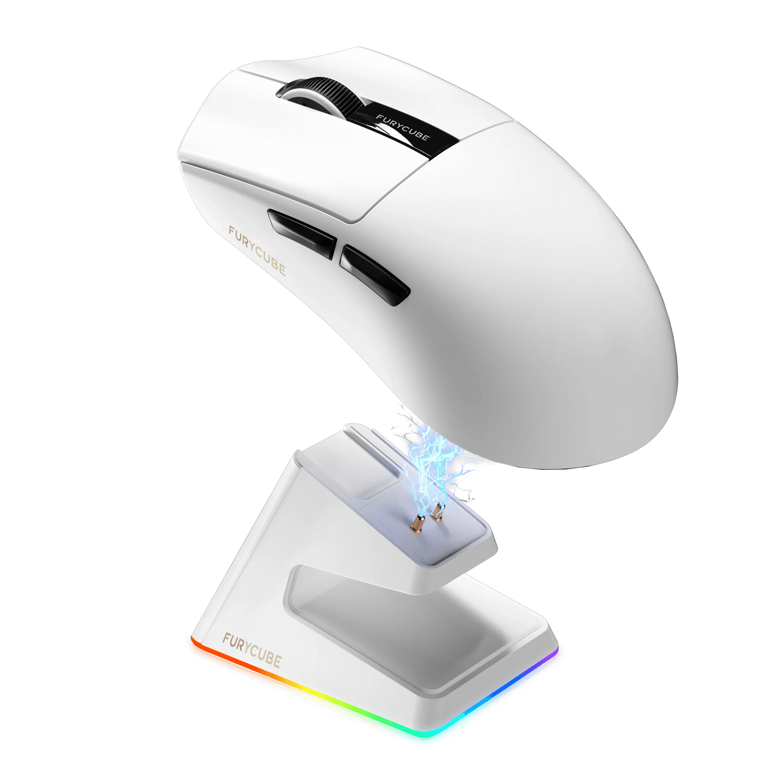 Mouse Furycube G9 Pro blanco sobre una base de carga inalámbrica RGB