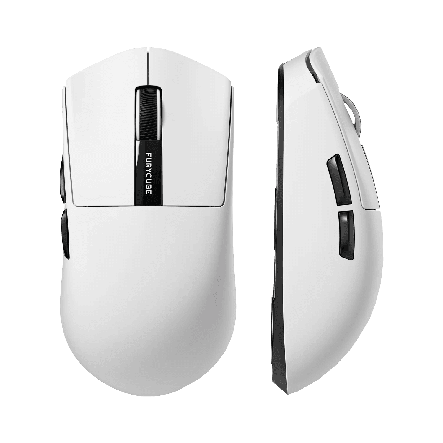 Mouse gamer inalámbrico Furycube G9 Pro blanco visto desde arriba y de perfil