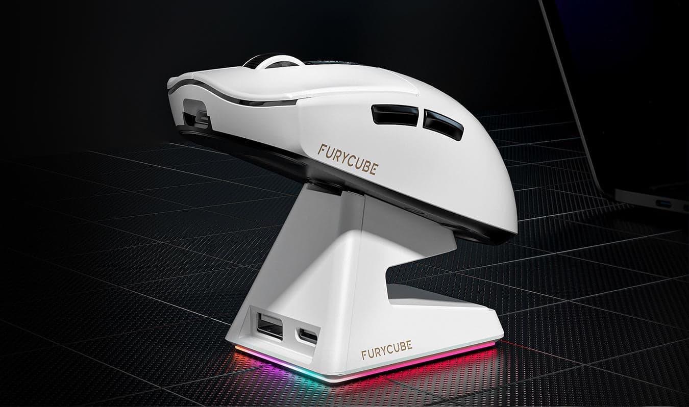 Furycube G9 Pro blanco sobre su base magnética RGB
