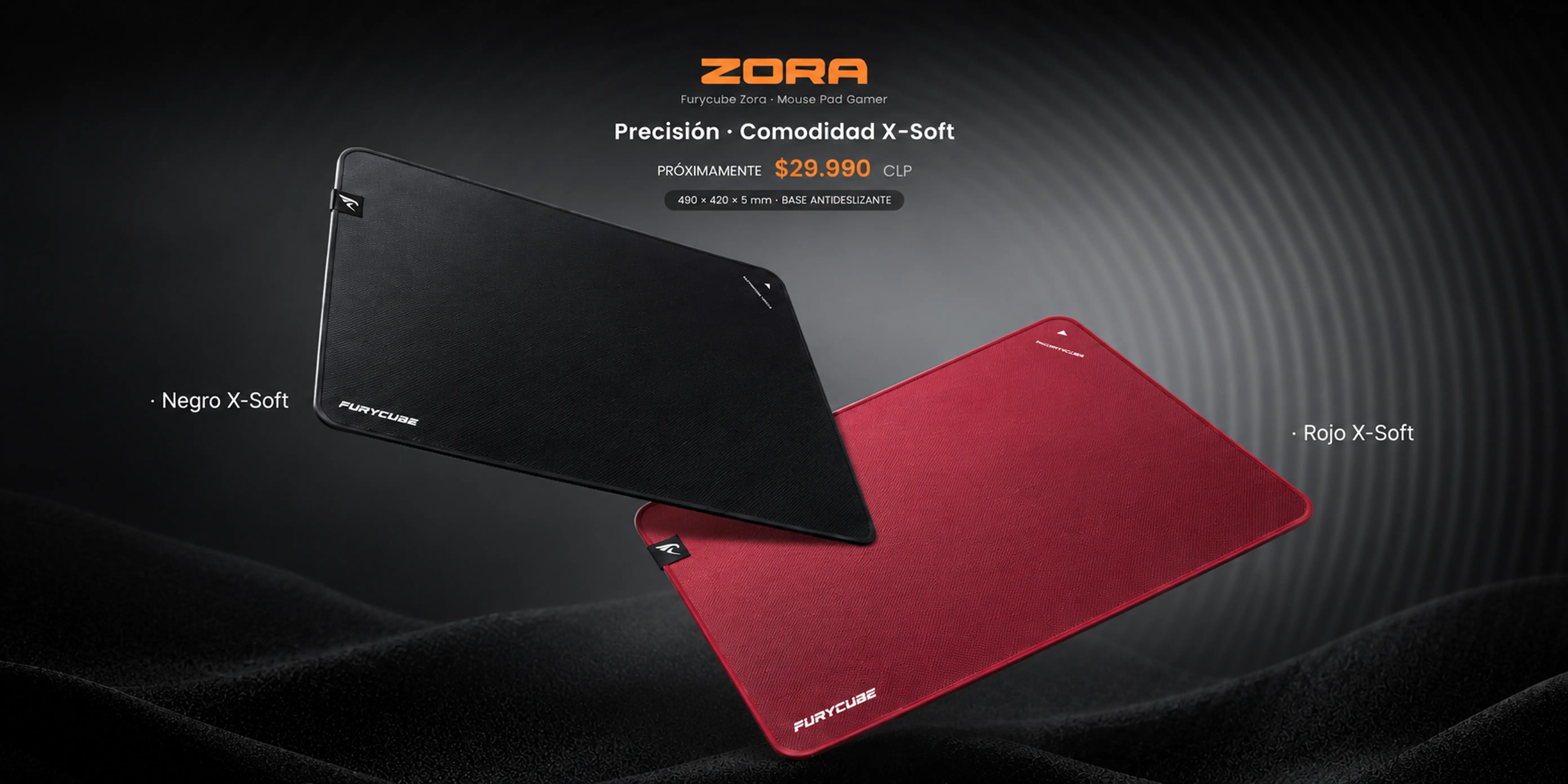 Furycube Zora: mouse pads Negro y Rojo X-Soft de 490 × 420 × 5 mm. Próximamente a $29.990 CLP.
