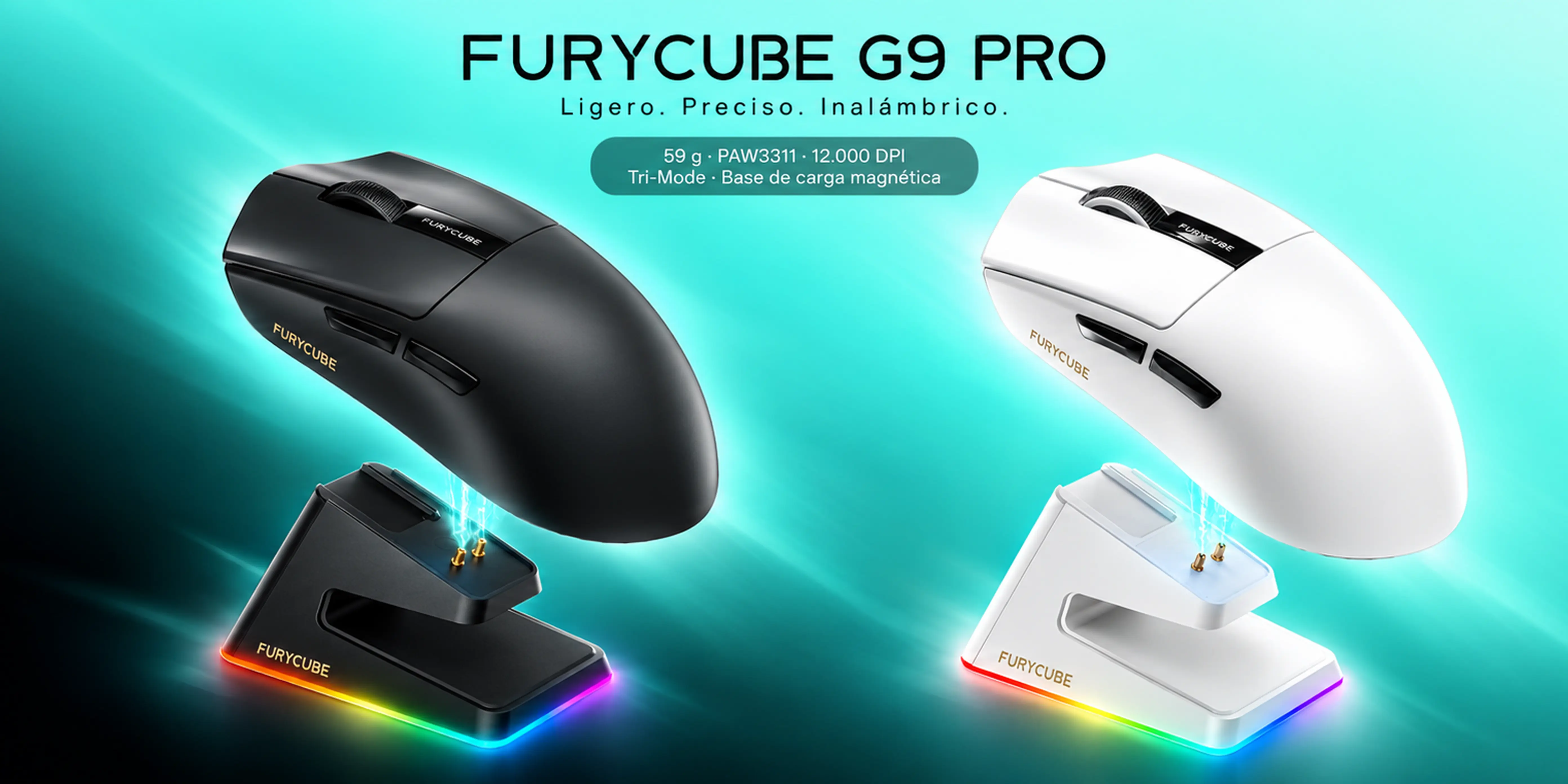 Furycube G9 Pro negro y blanco: mouse inalámbrico de 59 g, sensor PAW3311 y conexión Tri-Mode con base de carga magnética.