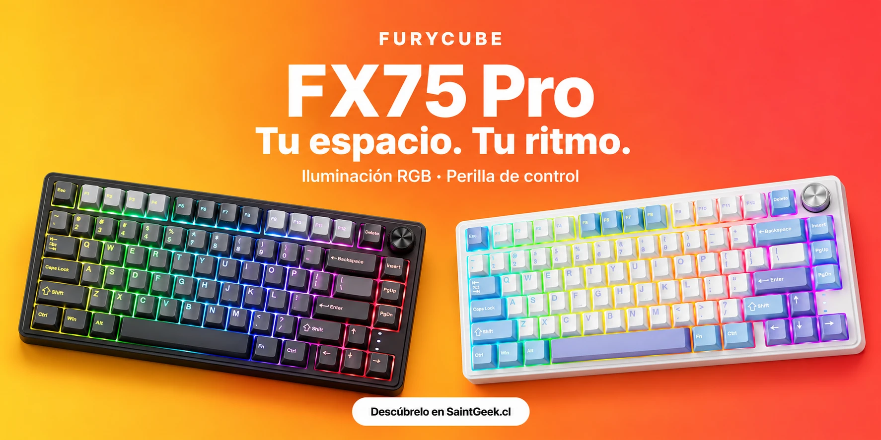 Furycube FX75 Pro: tu espacio, tu ritmo. Iluminación RGB y perilla de control. Descúbrelo en SaintGeek.cl.