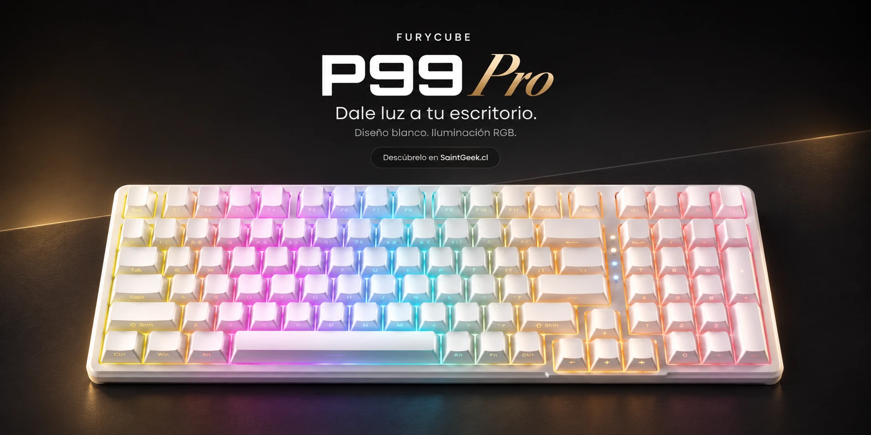 Furycube P99 Pro: dale luz a tu escritorio. Diseño blanco e iluminación RGB. Descúbrelo en SaintGeek.cl.